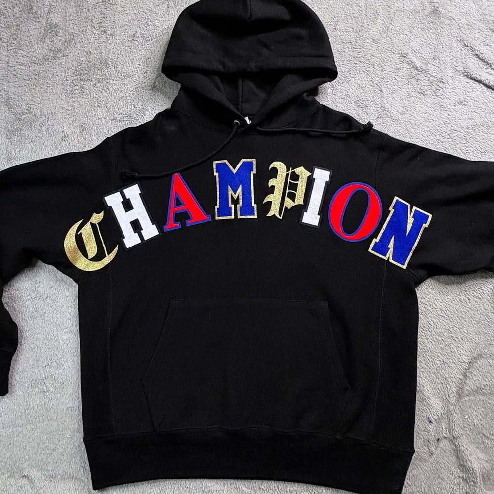 Champion Reverse Weave Hoodie Black Multi Font Chenille Logo Mens Large GF68 BKC